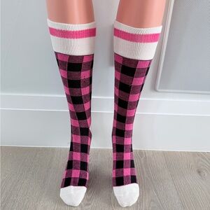 New Wool Pink and Black Checkered Knee-High Socks
